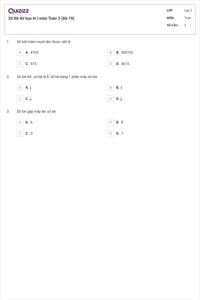 20 Đề thi học kì I môn Toán 3 (Đề 19)