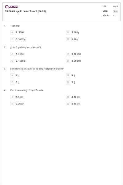20 Đề thi học kì I môn Toán 3 (Đề 20)
