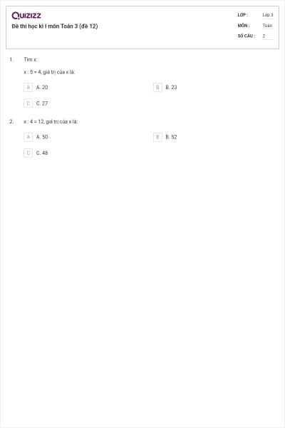 Đề thi học kì I môn Toán 3 (đề 12)