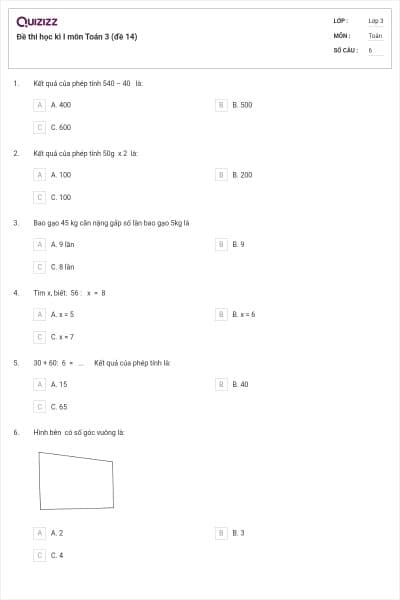 Đề thi học kì I môn Toán 3 (đề 14)