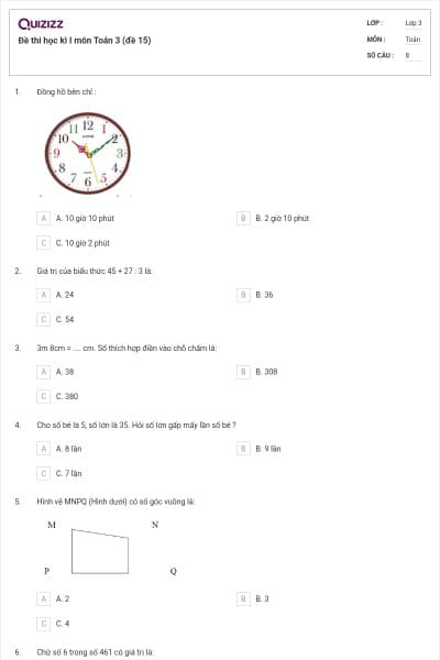Đề thi học kì I môn Toán 3 (đề 15)