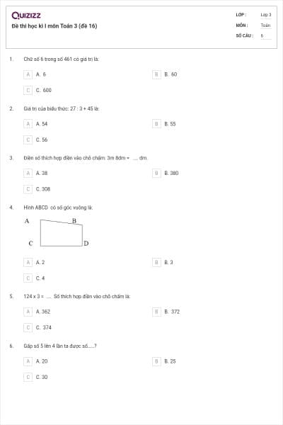 Đề thi học kì I môn Toán 3 (đề 16)