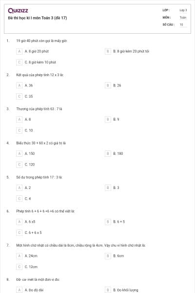 Đề thi học kì I môn Toán 3 (đề 17)