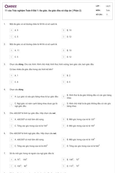 11 câu Trắc nghiệm Toán 8 Bài 1: Đa giác. Đa giác đều có đáp án ( Phần 2)