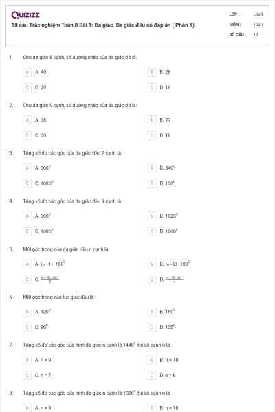 10 câu Trắc nghiệm Toán 8 Bài 1: Đa giác. Đa giác đều có đáp án ( Phần 1)