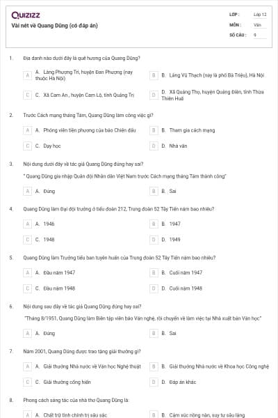 Vài nét về Quang Dũng (có đáp án)
