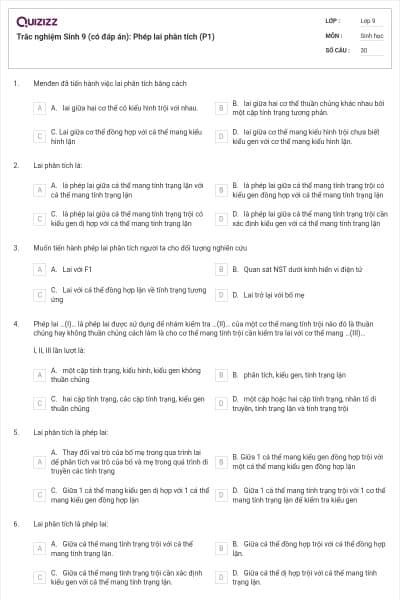 Trắc nghiệm Sinh 9 (có đáp án): Phép lai phân tích (P1)