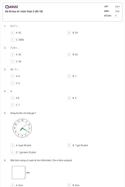 Đề thi học kì I môn Toán 3 (đề 18)