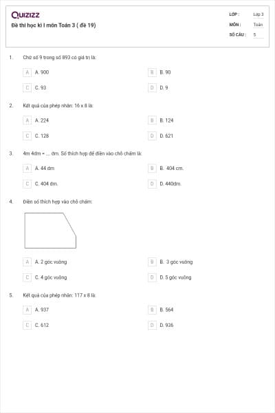 Đề thi học kì I môn Toán 3 ( đề 19)