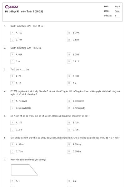 Đề thi học kì I môn Toán 3 (đề 21)