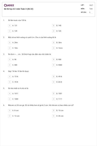 Đề thi học kì I môn Toán 3 (đề 22)