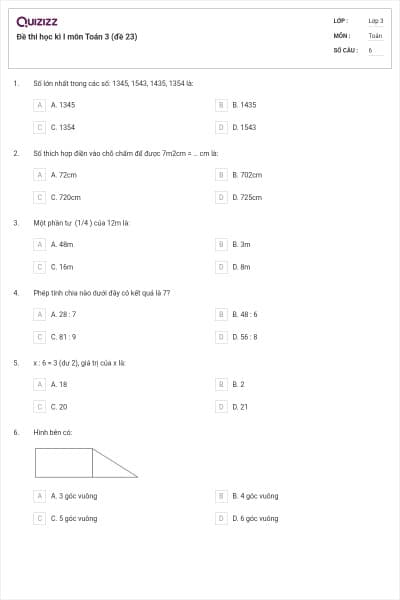 Đề thi học kì I môn Toán 3 (đề 23)
