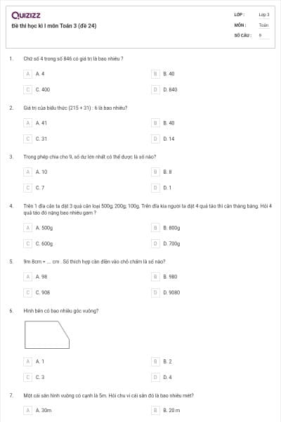 Đề thi học kì I môn Toán 3 (đề 24)