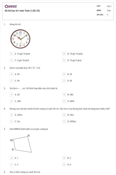 Đề thi học kì I môn Toán 3 (đề 25)