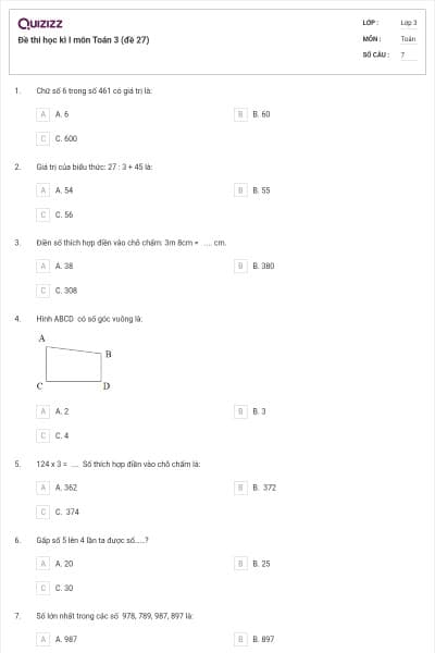 Đề thi học kì I môn Toán 3 (đề 27)