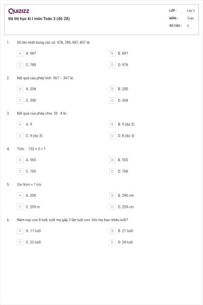 Đề thi học kì I môn Toán 3 (đề 28)