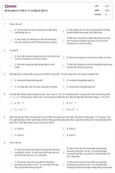 Đề thi giữa kì 2 Vật Lí 11 có đáp án (Đề 2)