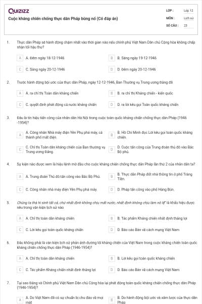 Cuộc kháng chiến chống thực dân Pháp bùng nổ (Có đáp án)