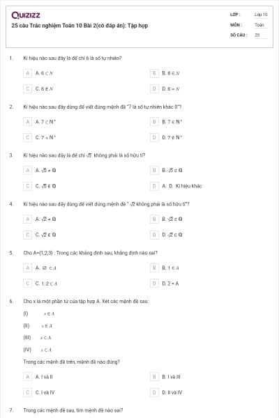 25 câu Trắc nghiệm Toán 10 Bài 2(có đáp án): Tập hợp