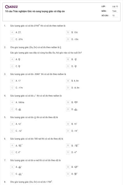 10 câu Trắc nghiệm Góc và cung lượng giác có đáp án