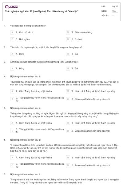 Trắc nghiệm Ngữ Văn 12 (có đáp án): Tìm hiểu chung về “Vợ nhặt”