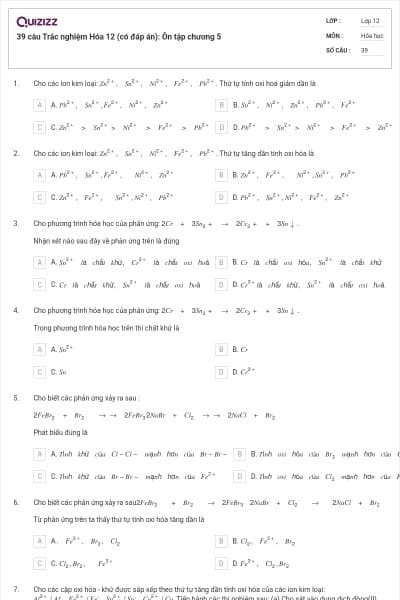 39 câu Trắc nghiệm Hóa 12 (có đáp án): Ôn tập chương 5