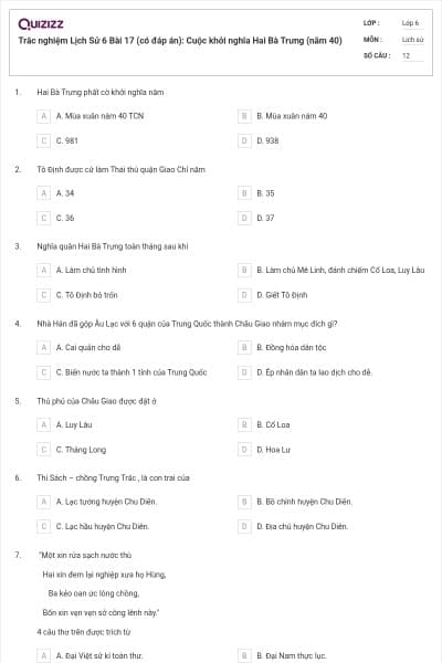 Trắc nghiệm Lịch Sử 6 Bài 17 (có đáp án): Cuộc khởi nghĩa Hai Bà Trưng (năm 40)