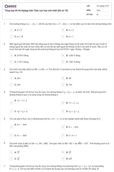 Tổng hợp đề thi thptqg môn Toán cực hay mới nhất (Đề số 18)