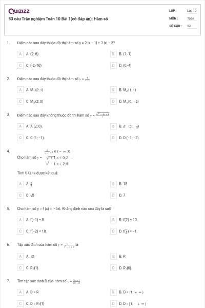 53 câu Trắc nghiệm Toán 10 Bài 1(có đáp án): Hàm số