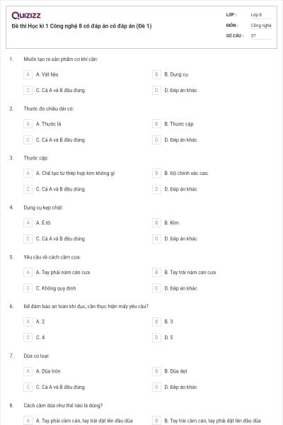 Đề thi Học kì 1 Công nghệ 8 có đáp án có đáp án (Đề 1)