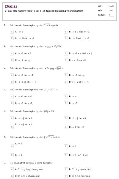 21 câu  Trắc nghiệm Toán 10 Bài 1 (có đáp án): Đại cương về phương trình