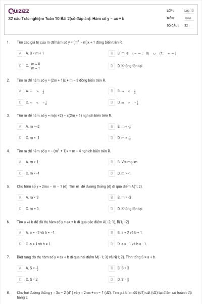 32 câu  Trắc nghiệm Toán 10 Bài 2(có đáp án): Hàm số y = ax + b