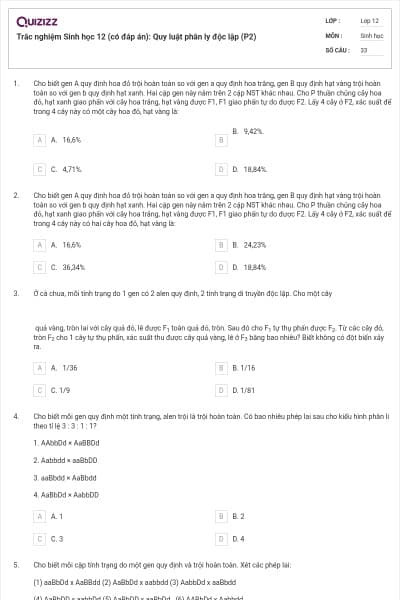 Trắc nghiệm Sinh học 12 (có đáp án): Quy luật phân ly độc lập (P2)