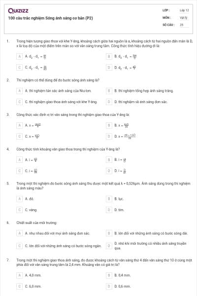 100 câu trắc nghiệm Sóng ánh sáng cơ bản (P2)