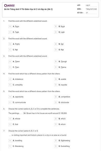 Đề thi Tiếng Anh 9 Thí điểm Học kì 2 có đáp án (Đề 2)
