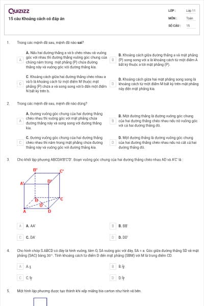 15 câu Khoảng cách có đáp án