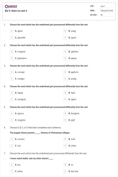 Bài 9: Kiểm tra unit 4