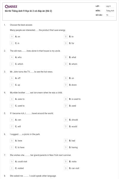 Đề thi Tiếng Anh 9 Học kì 2 có đáp án (Đề 2)