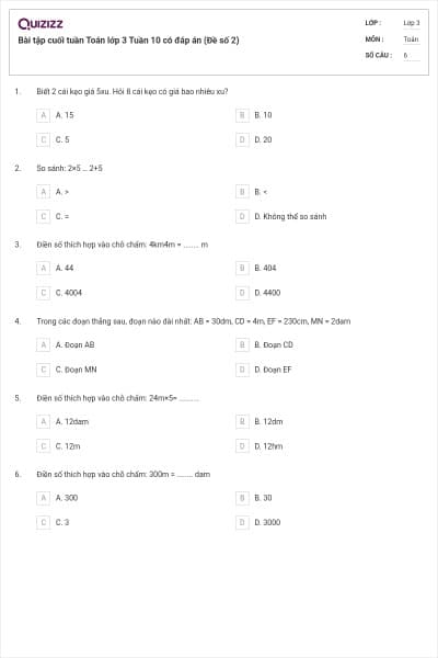 Bài tập cuối tuần Toán lớp 3 Tuần 10 có đáp án (Đề số 2)
