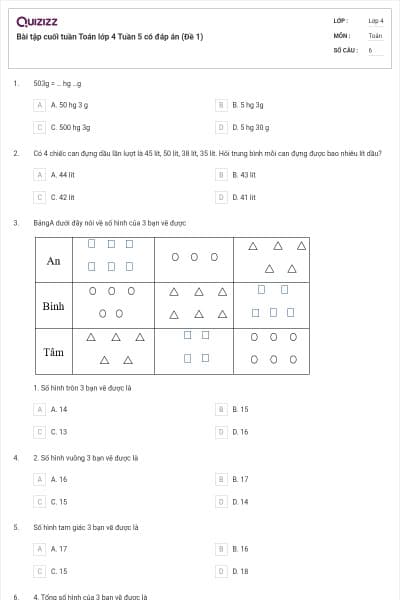 Bài tập cuối tuần Toán lớp 4 Tuần 5 có đáp án (Đề 1)