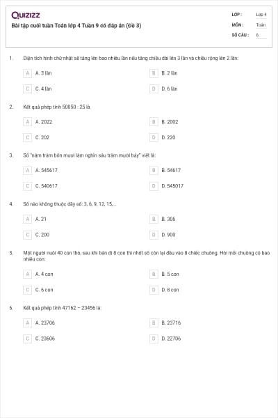 Bài tập cuối tuần Toán lớp 4 Tuần 9 có đáp án (Đề 3)