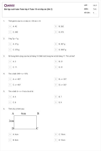 Bài tập cuối tuần Toán lớp 4 Tuần 10 có đáp án (Đề 2)