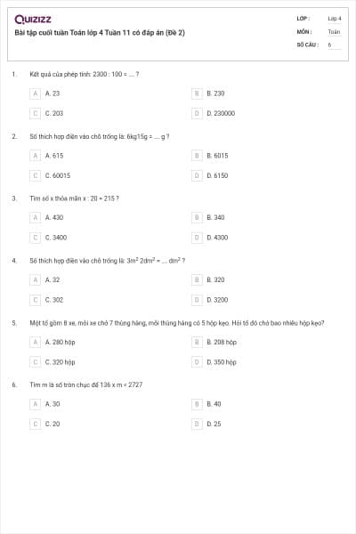 Bài tập cuối tuần Toán lớp 4 Tuần 11 có đáp án (Đề 2)