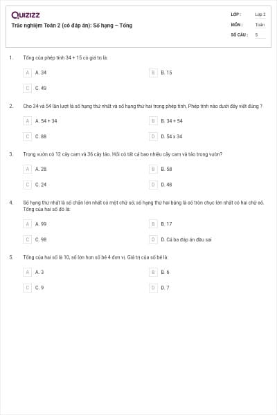 Trắc nghiệm Toán 2 (có đáp án): Số hạng – Tổng