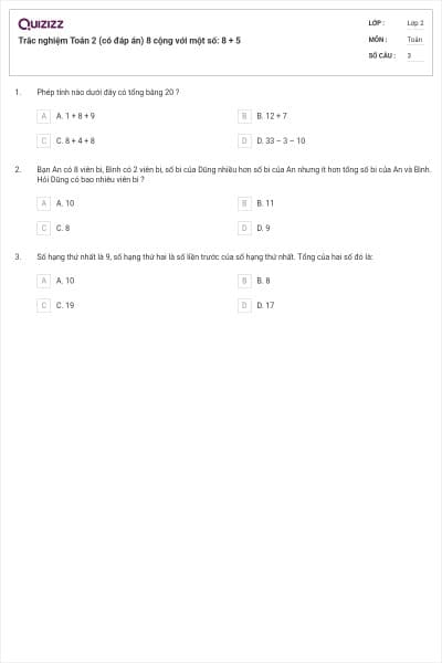 Trắc nghiệm Toán 2 (có đáp án) 8 cộng với một số: 8 + 5