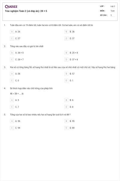 Trắc nghiệm Toán 2 (có đáp án): 28 + 5