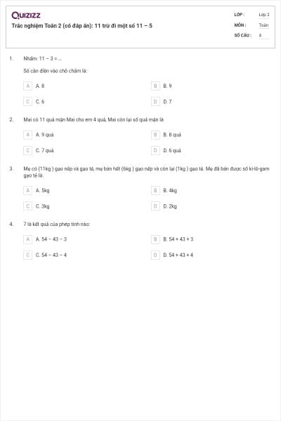 Trắc nghiệm Toán 2 (có đáp án): 11 trừ đi một số 11 – 5