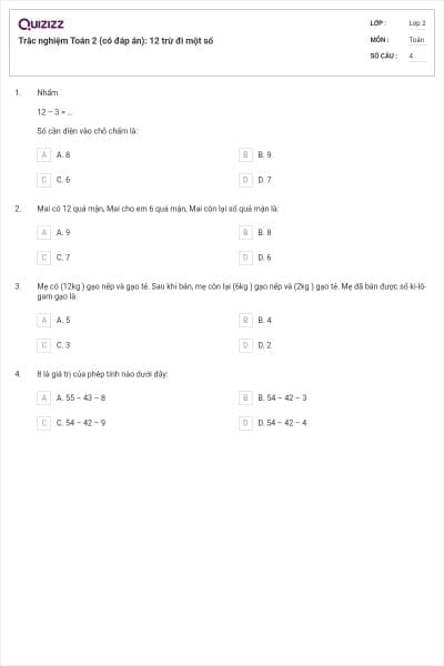 Trắc nghiệm Toán 2 (có đáp án): 12 trừ đi một số