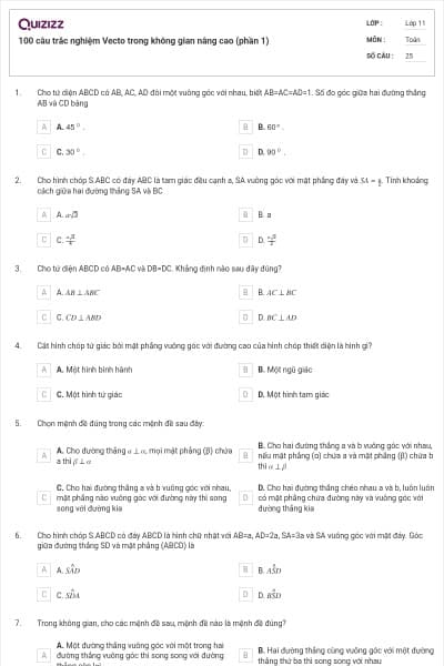 100 câu trắc nghiệm Vecto trong không gian nâng cao (phần 1)