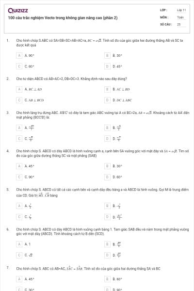 100 câu trắc nghiệm Vecto trong không gian nâng cao (phần 2)